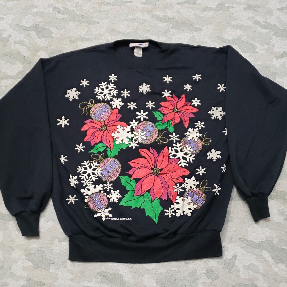 Vintage Turtle Bay Sweatshirt Women Medium Black Crew Neck Pullover Long Sleeve